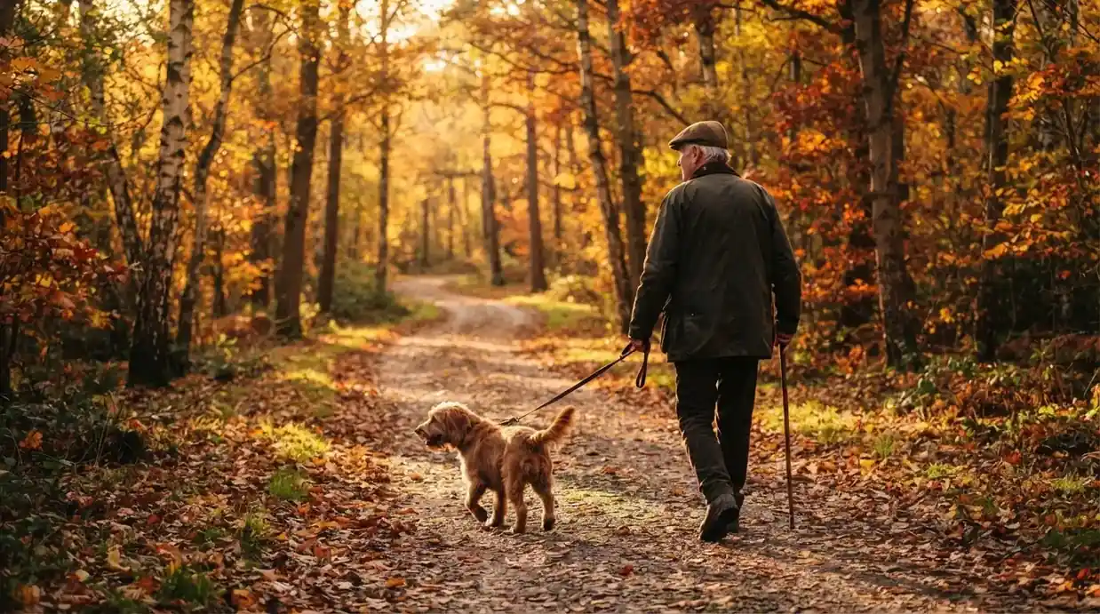 Eldre mann som går en rolig tur med en hund langs en grusvei om høsten, gylne trær